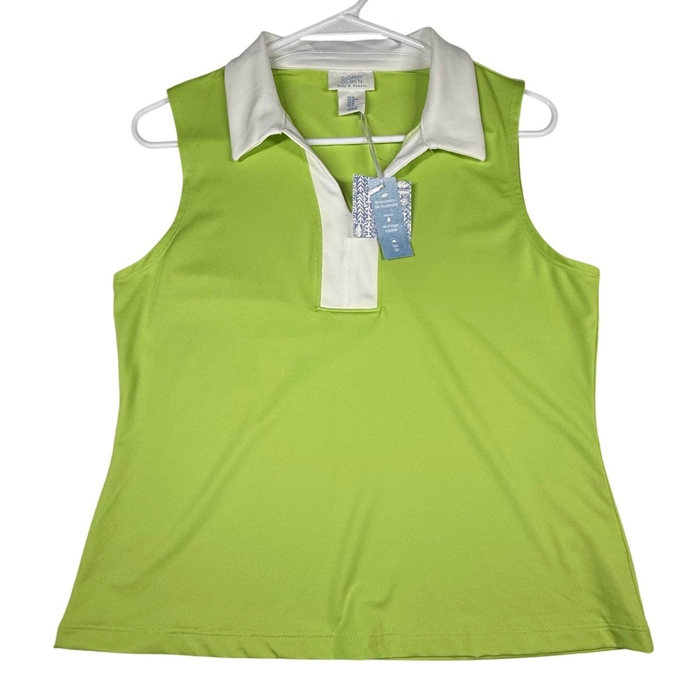 Sigrid Olsen Golf Tennis Sleeveless Polo Top NWT UPF 50 Lime Green Athletic Med - Picture 2 of 12
